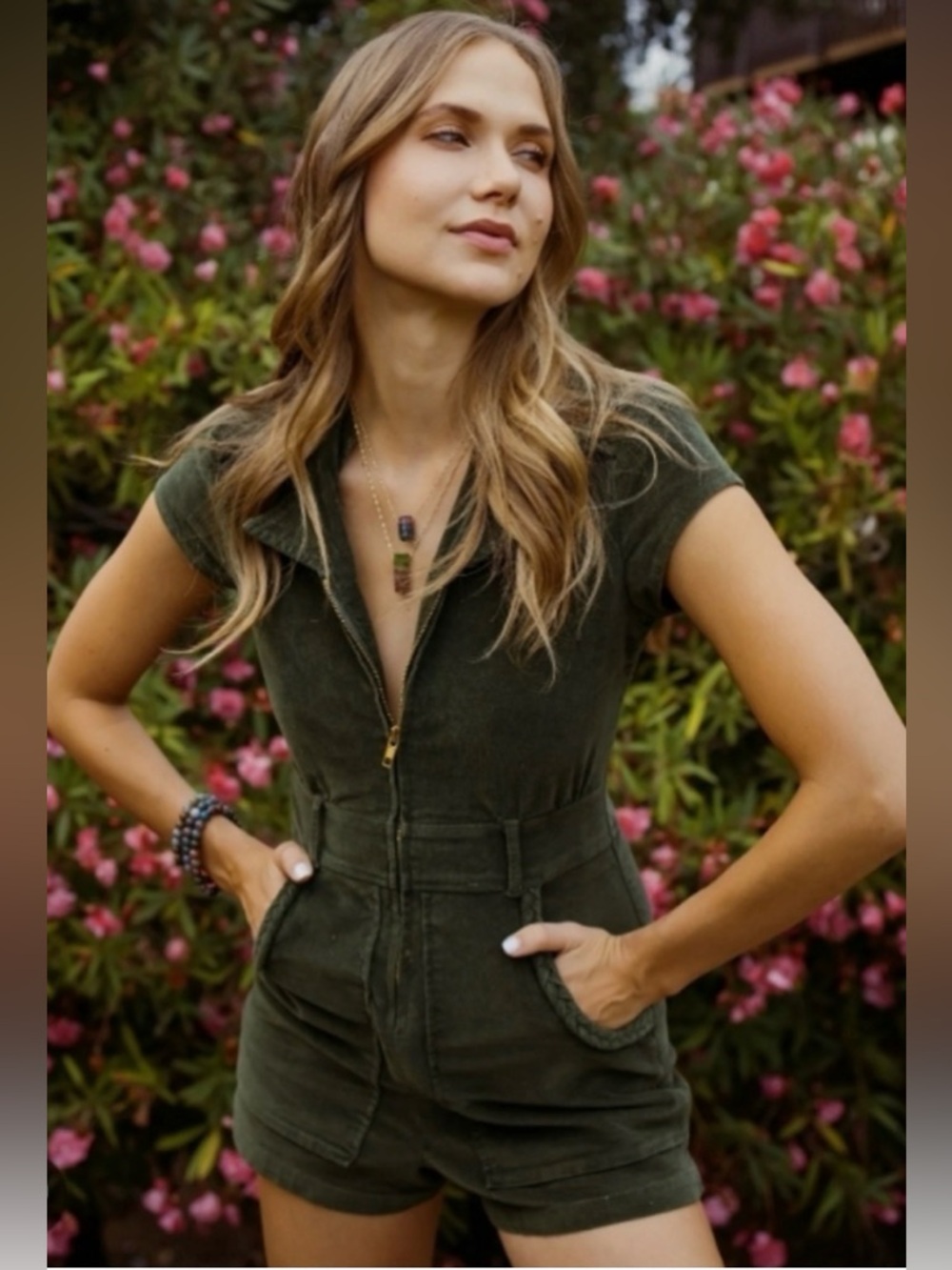 Show Me Your MuMu Olive Zip-Front Short Sleeve Romper
